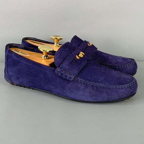 VERSACE Size 8 -Bluette Oro- Purple Textured Suede Drivers Loafers - Picture 1 of 13
